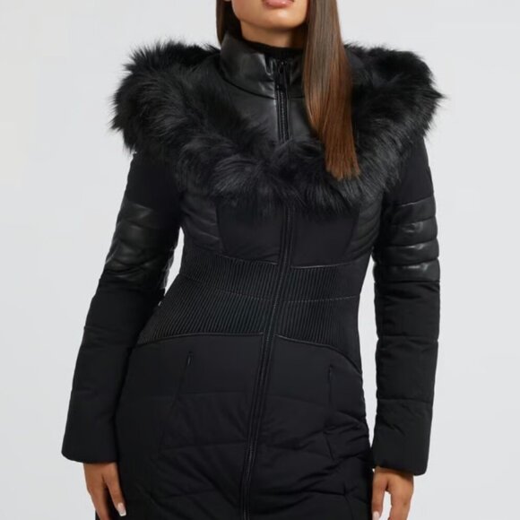 NWT Guess Women's Long Puffer Jacket for Winter with Hood Black - Picture 2 of 9